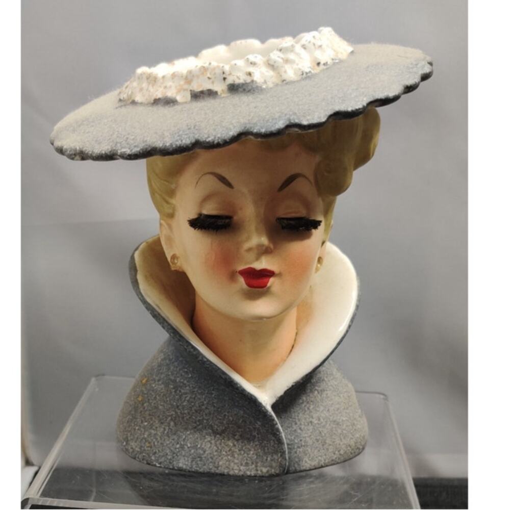 Vintage Gray Hat Lady Head Vase Planter Kitschy Ceramic Inarco C3815A 1959